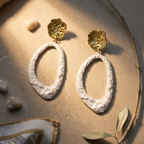 Gold Floral Stud with Silver Hammered Oval Loop Drop Earrings