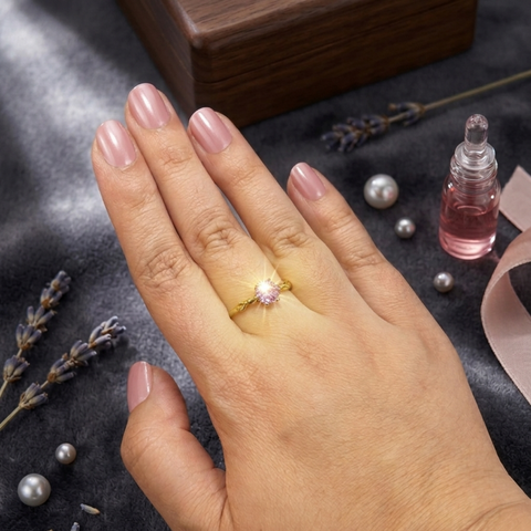 Pink Heart Stone Twisted Band Gold Ring