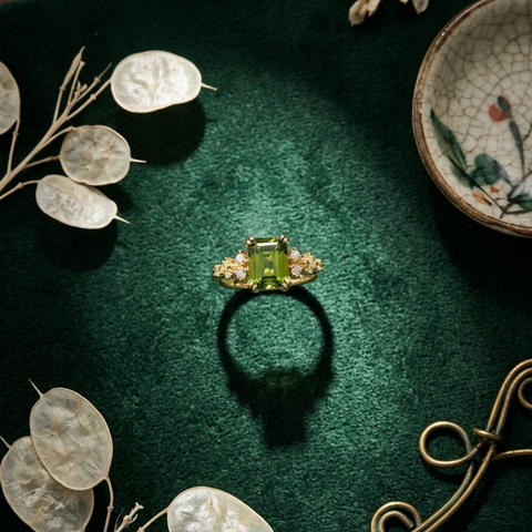 Emerald-Cut Green Stone Three-Stone Gold Ring
