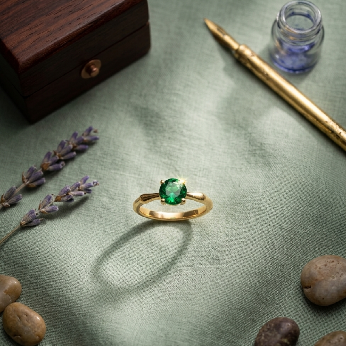 Minimalist Green Solitaire Gold Ring