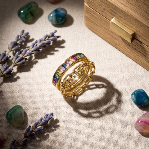 Rainbow Baguette + Bar-Link Stacking Ring