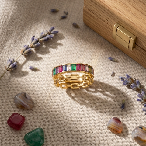 Rainbow Baguette + Bar-Link Stacking Ring