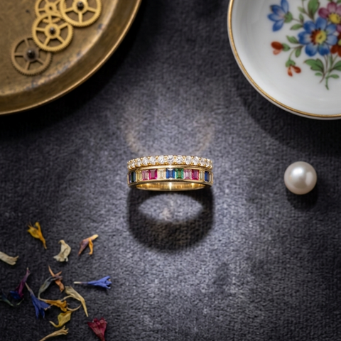Rainbow Multistone + Pavé Stacking Ring