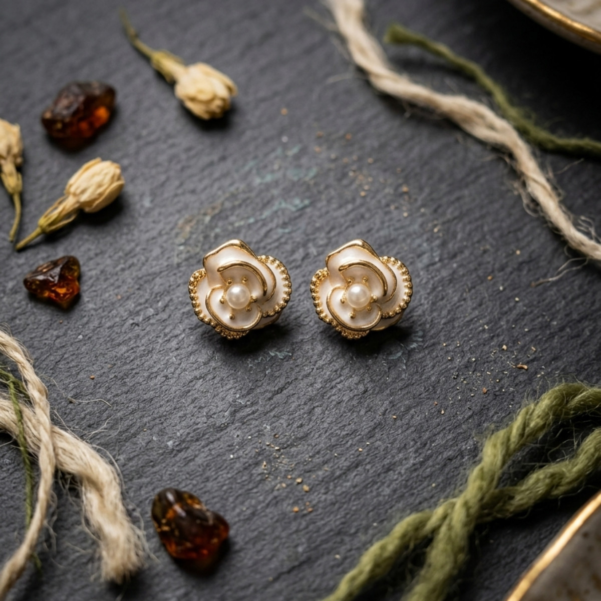 Gold Rose Flower Textured Stud Earrings