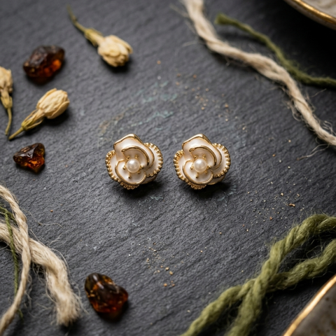 Gold Rose Flower Textured Stud Earrings