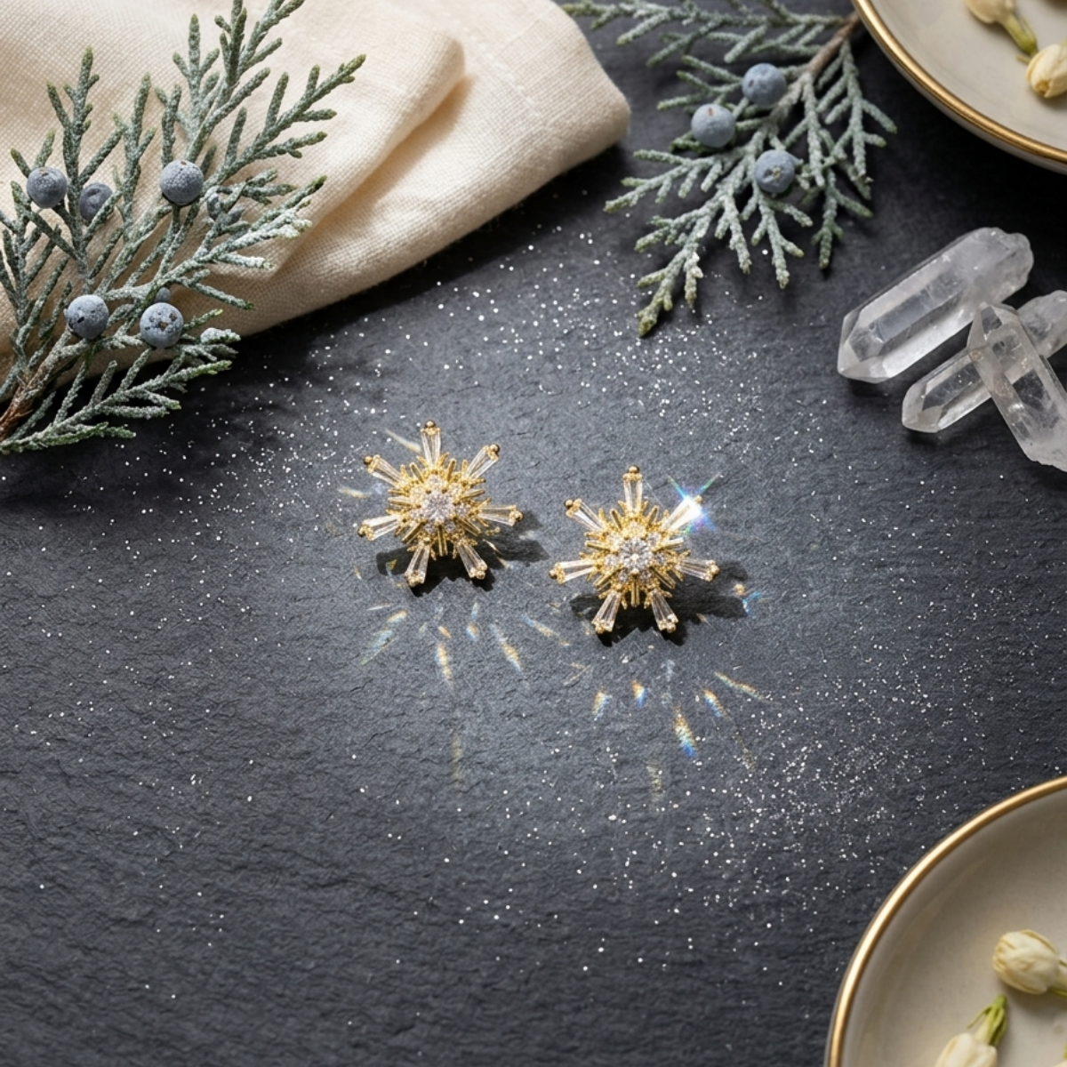 Gold Snowflake CZ Crystal Starburst Stud Earrings