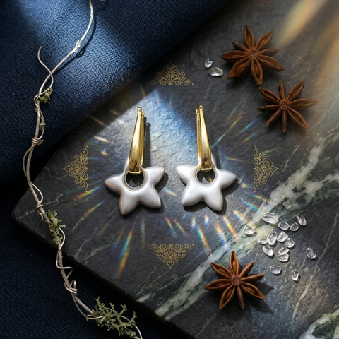 Pearl Star Charm Gold Hoop Earrings
