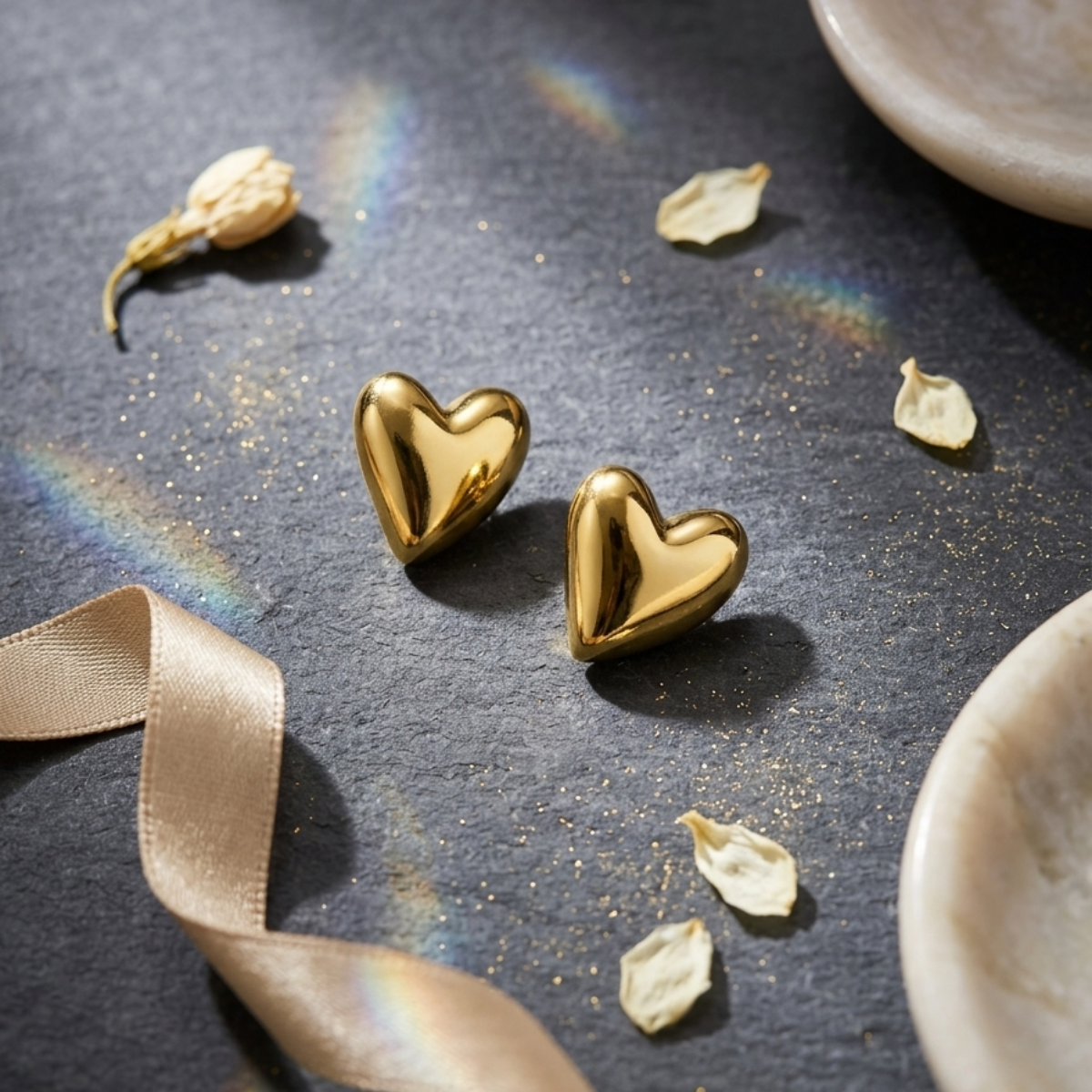 High-Polish Gold Puffed Heart Stud Earrings