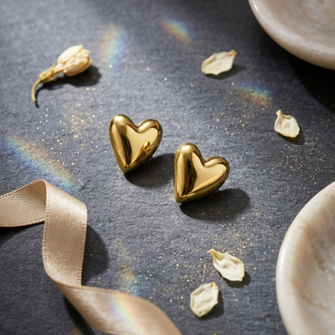 High-Polish Gold Puffed Heart Stud Earrings