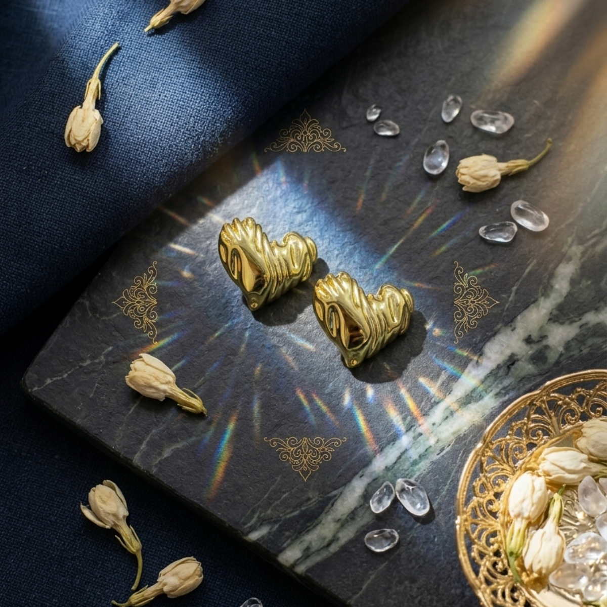 Gold Ribbed Wave Heart Stud Earrings