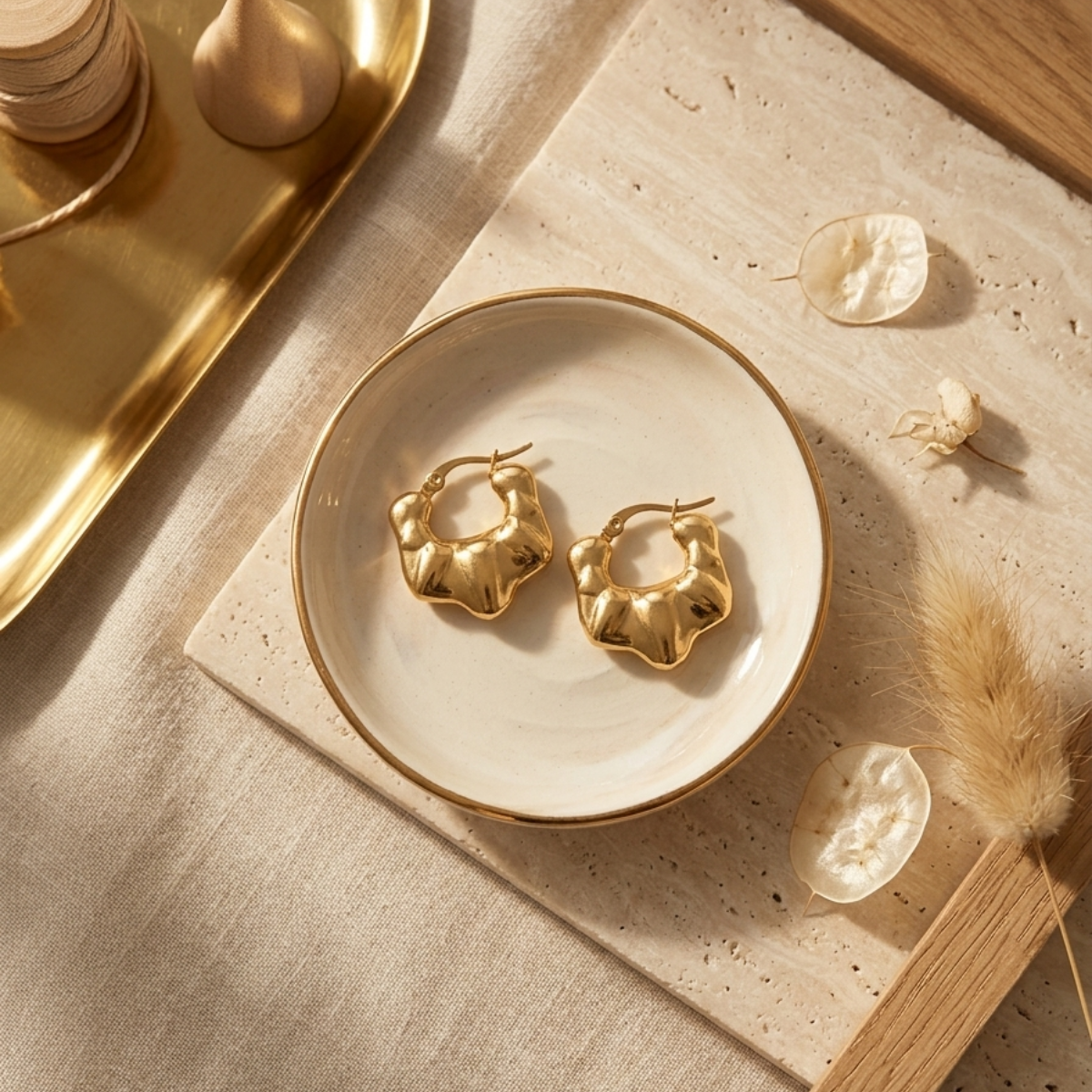 Gold Quilted Puffed Hoop Earrings