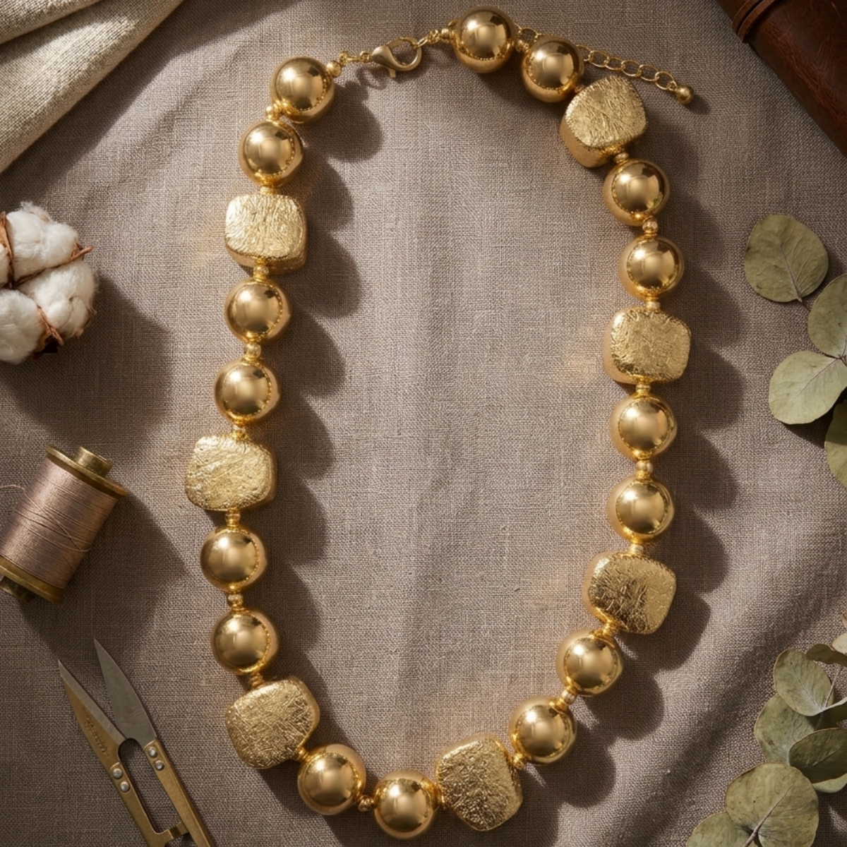 Mixed Ball & Cube Gold Bead Statement Necklace