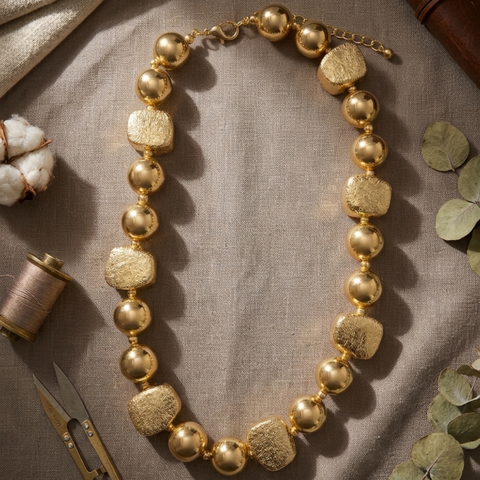 Mixed Ball & Cube Gold Bead Statement Necklace