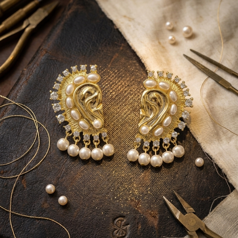 Paisley Gold Pearl Chandelier Earrings