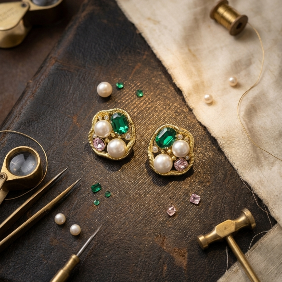 Emerald, Pearl & Pink Crystal Cluster Stud Earrings