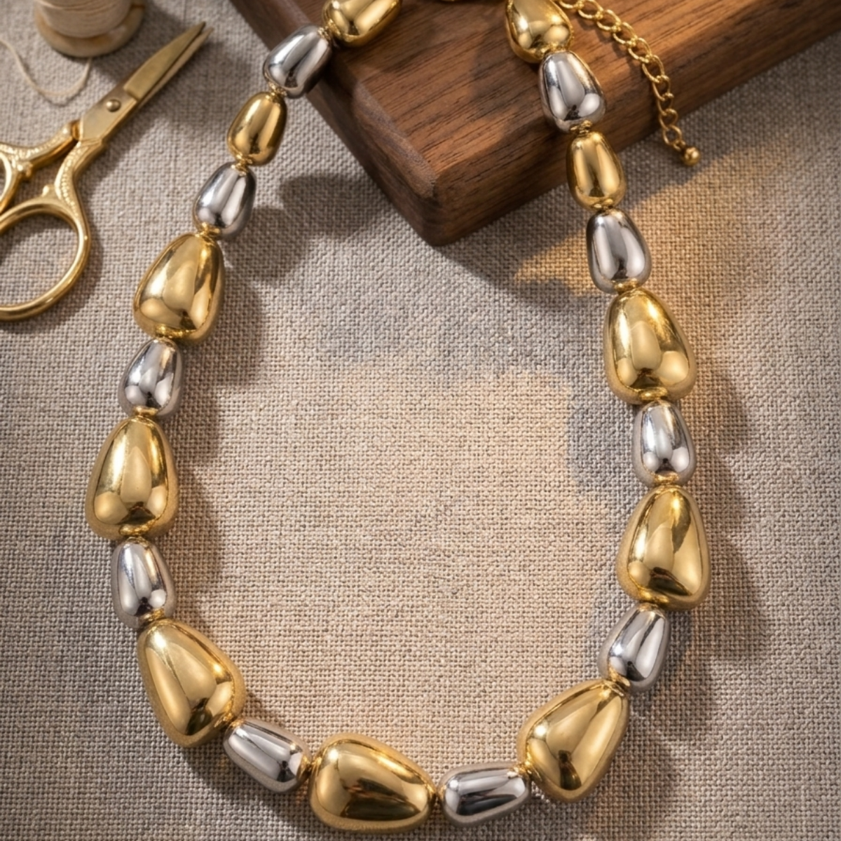 Dual-Tone Teardrop Bead Statement Necklace