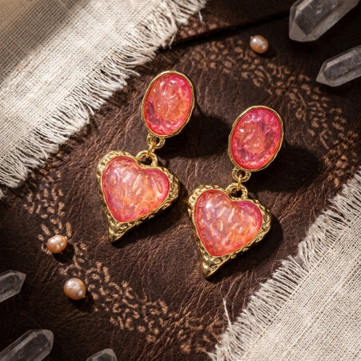 Pink Resin Oval & Heart Double Drop Earrings