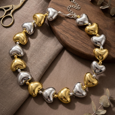 Dual-Tone Puffed Heart Necklace / Choker