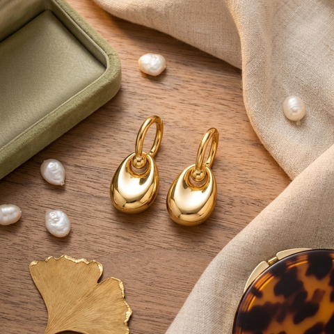 High-Polish Gold Dome Drop Hoop Earrings