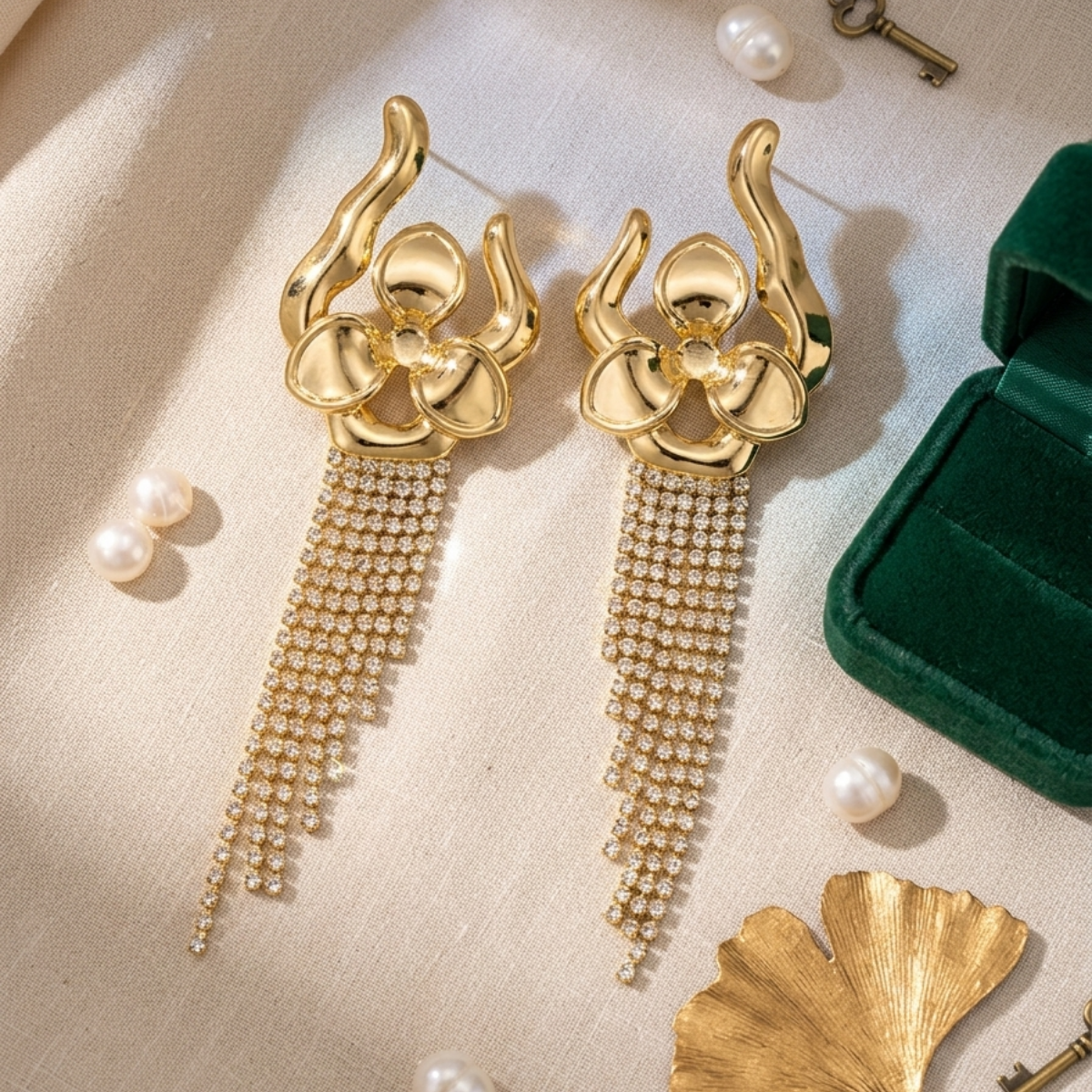 Gold Orchid Flower Tassel Chain Earrings