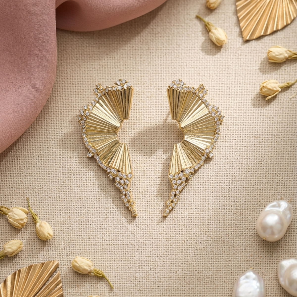 Gold Fan Spike Crystal Fringe Earrings