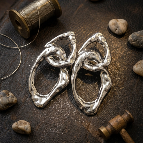 Silver Molten Organic Loop Hoop Earrings