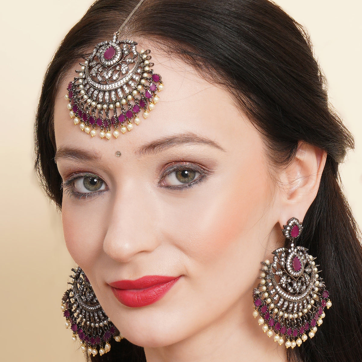 Diamond & Maroon Stone Earrings with Matching Maang Tikka