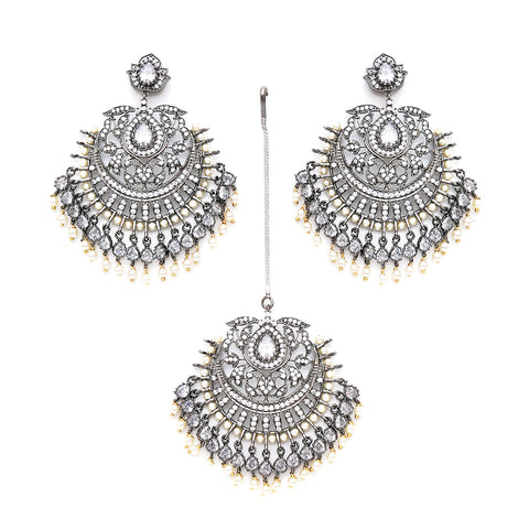 Diamond Stone Earrings with Matching Maang Tikka