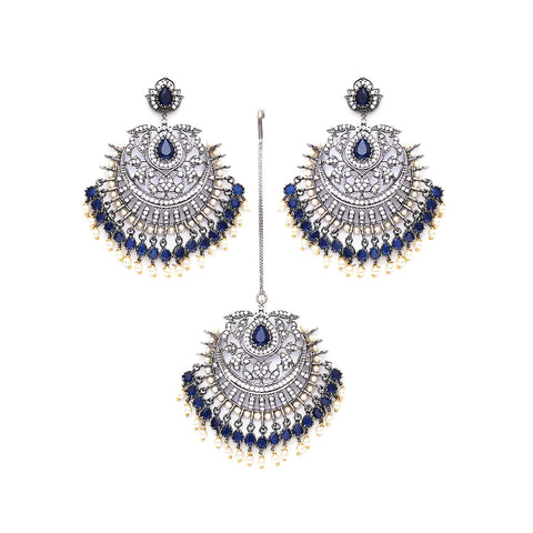 Diamond & Blue Stone Earrings with Matching Maang Tikka