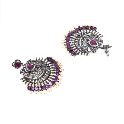 Diamond & Maroon Stone Earrings with Matching Maang Tikka