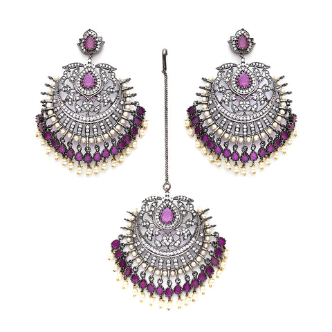 Diamond & Maroon Stone Earrings with Matching Maang Tikka