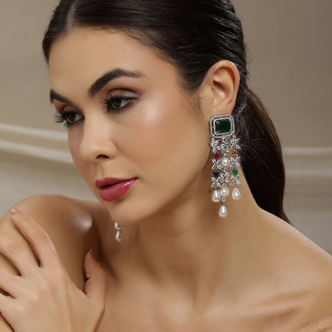 Long Multi Stone Earrings with Pearl Drops