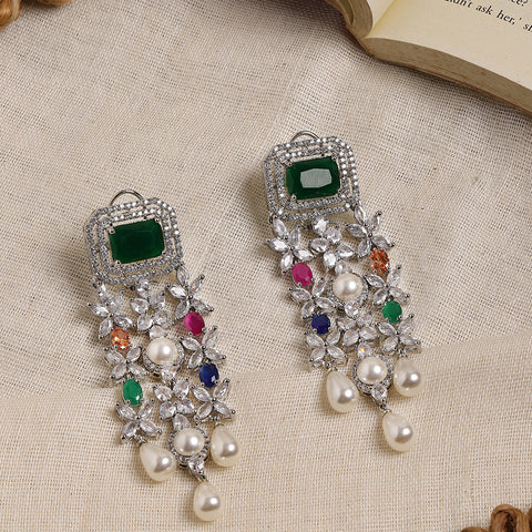 Long Multi Stone Earrings with Pearl Drops