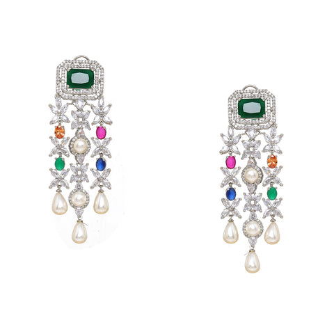 Long Multi Stone Earrings with Pearl Drops