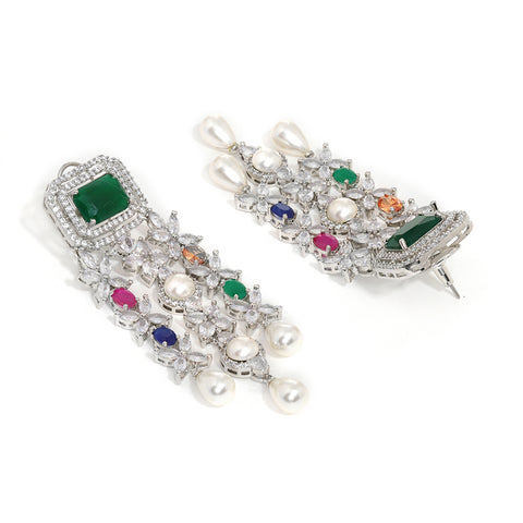 Long Multi Stone Earrings with Pearl Drops